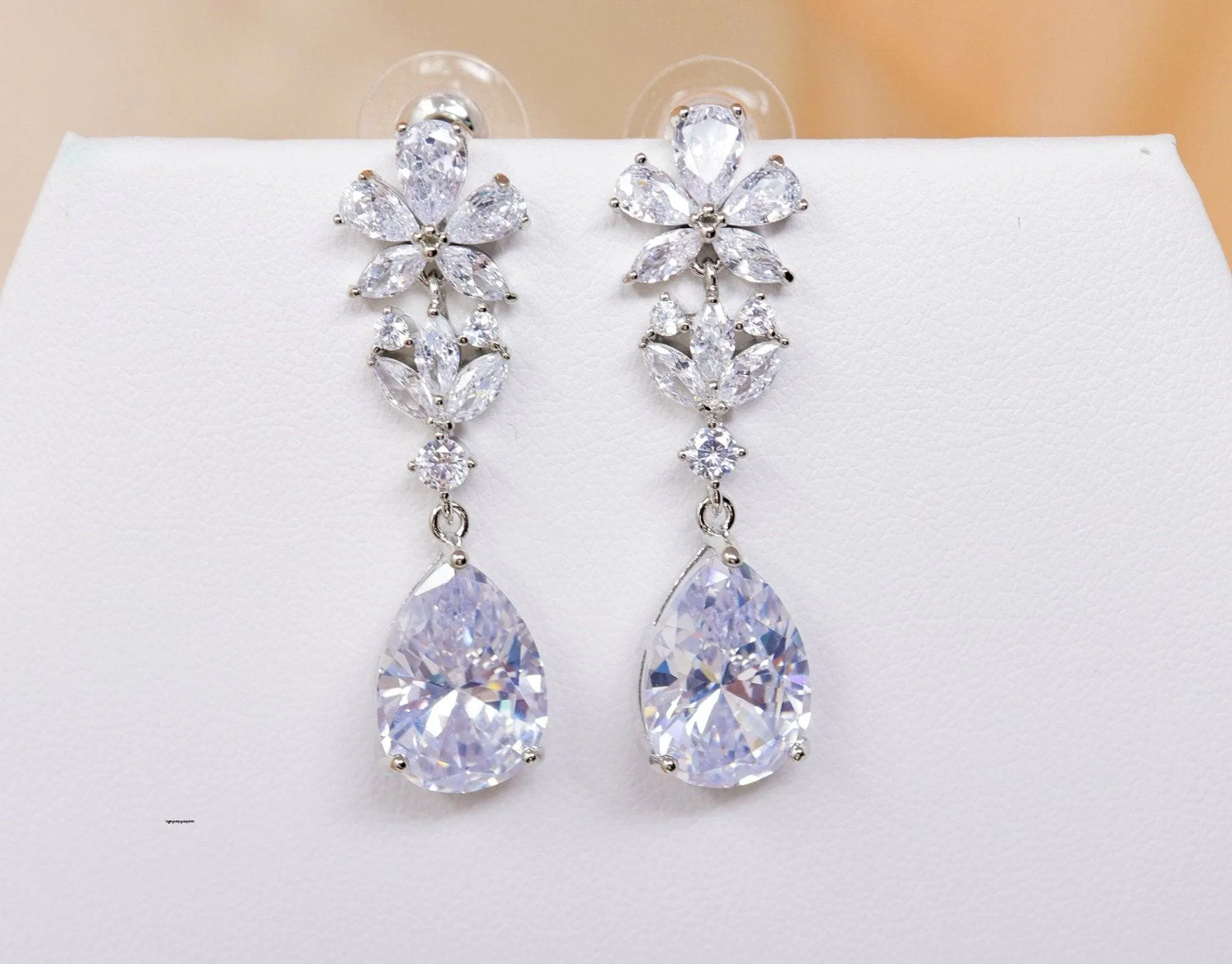 Cubic Zirconia Flower Petal Crystal/Diamond Earrings, Long Bridal Jewelry, Bridal Earrings, Crystal Bridal Earrings, Statement Earrings Cz