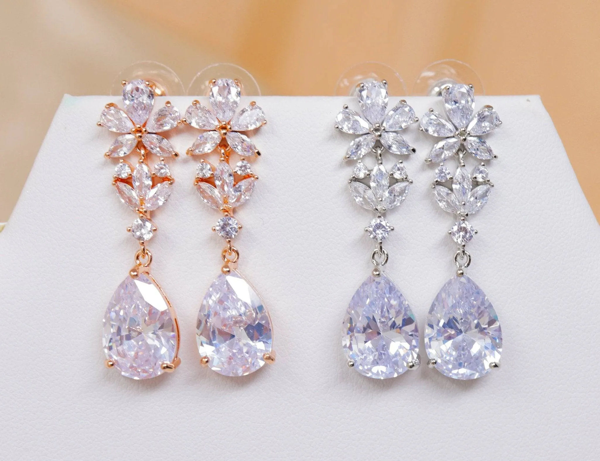 Cubic Zirconia Flower Petal Crystal/Diamond Earrings, Long Bridal Jewelry, Bridal Earrings, Crystal Bridal Earrings, Statement Earrings Cz