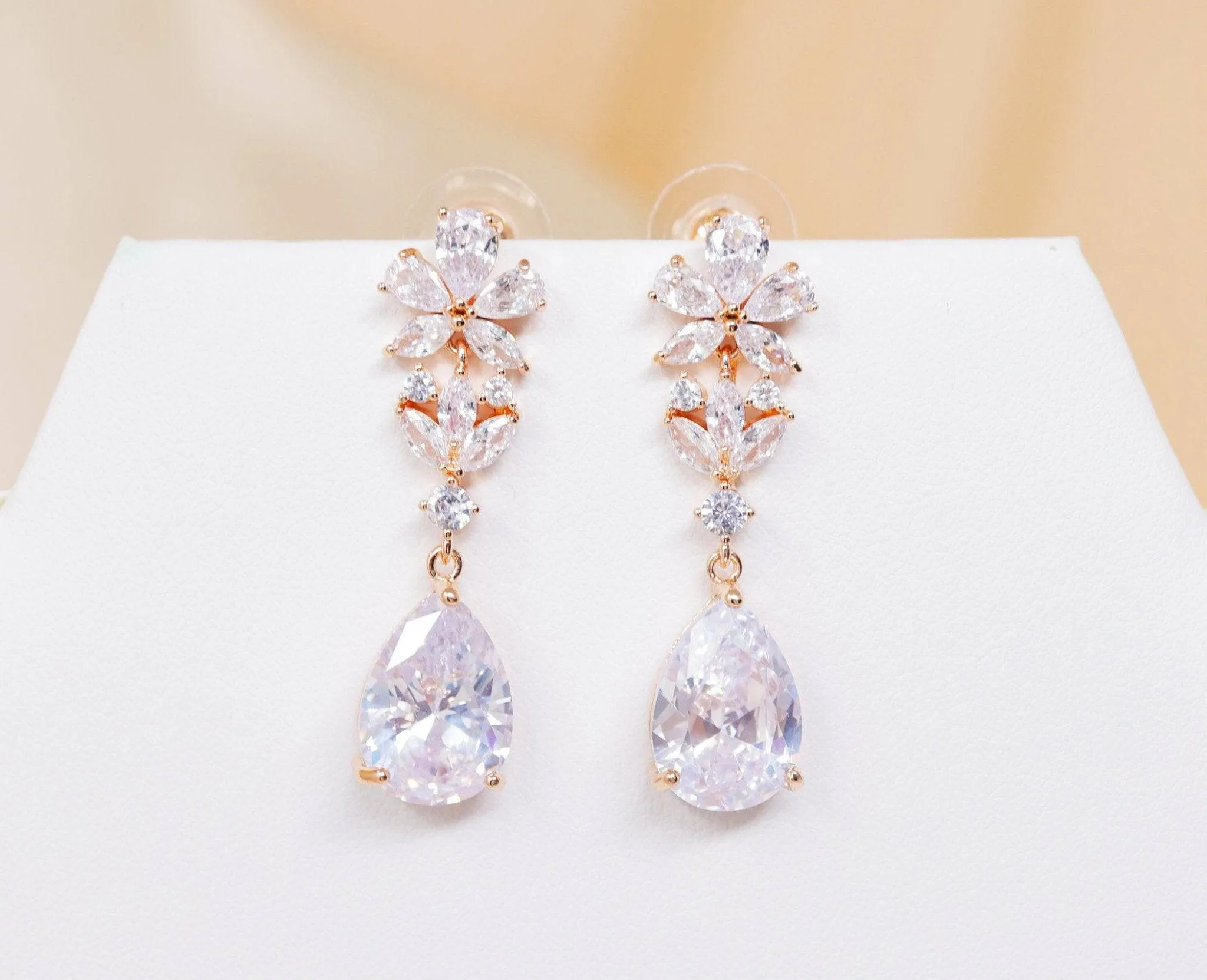 Cubic Zirconia Flower Petal Crystal/Diamond Earrings, Long Bridal Jewelry, Bridal Earrings, Crystal Bridal Earrings, Statement Earrings Cz