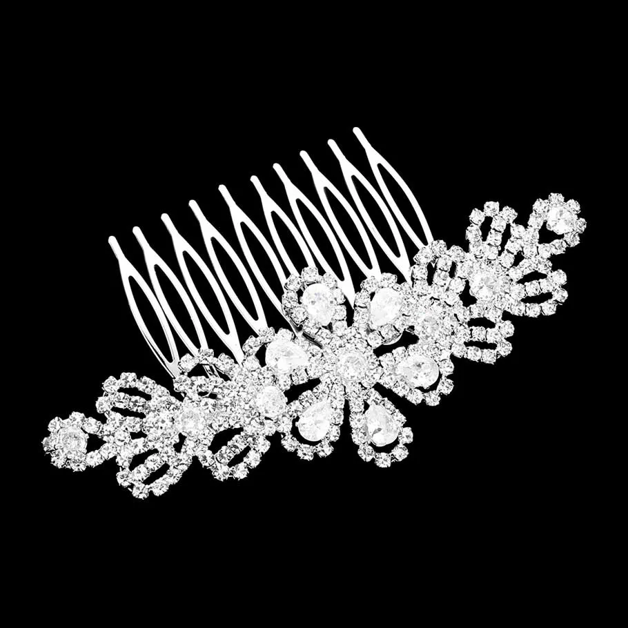 CZ Teardrop Stone Accented Flower Hair Comb