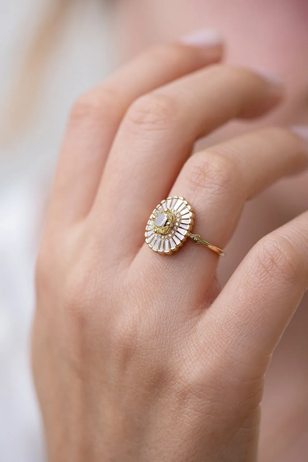 Daisy Engagement Ring - Fancy Yellow Diamond and Baguette Diamond Ring