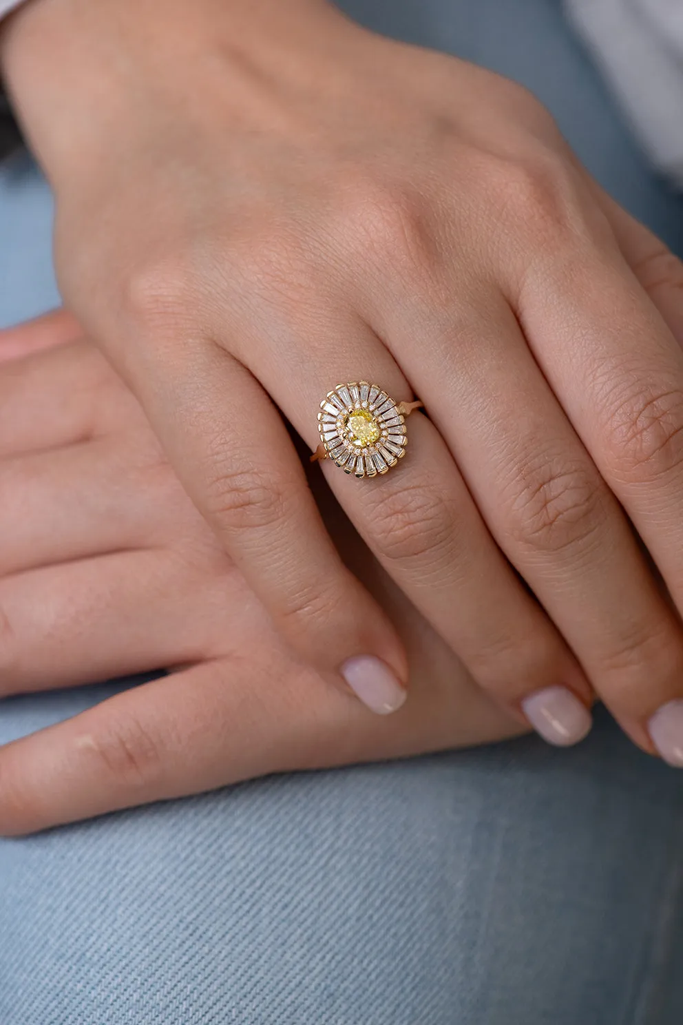 Daisy Engagement Ring - Fancy Yellow Diamond and Baguette Diamond Ring