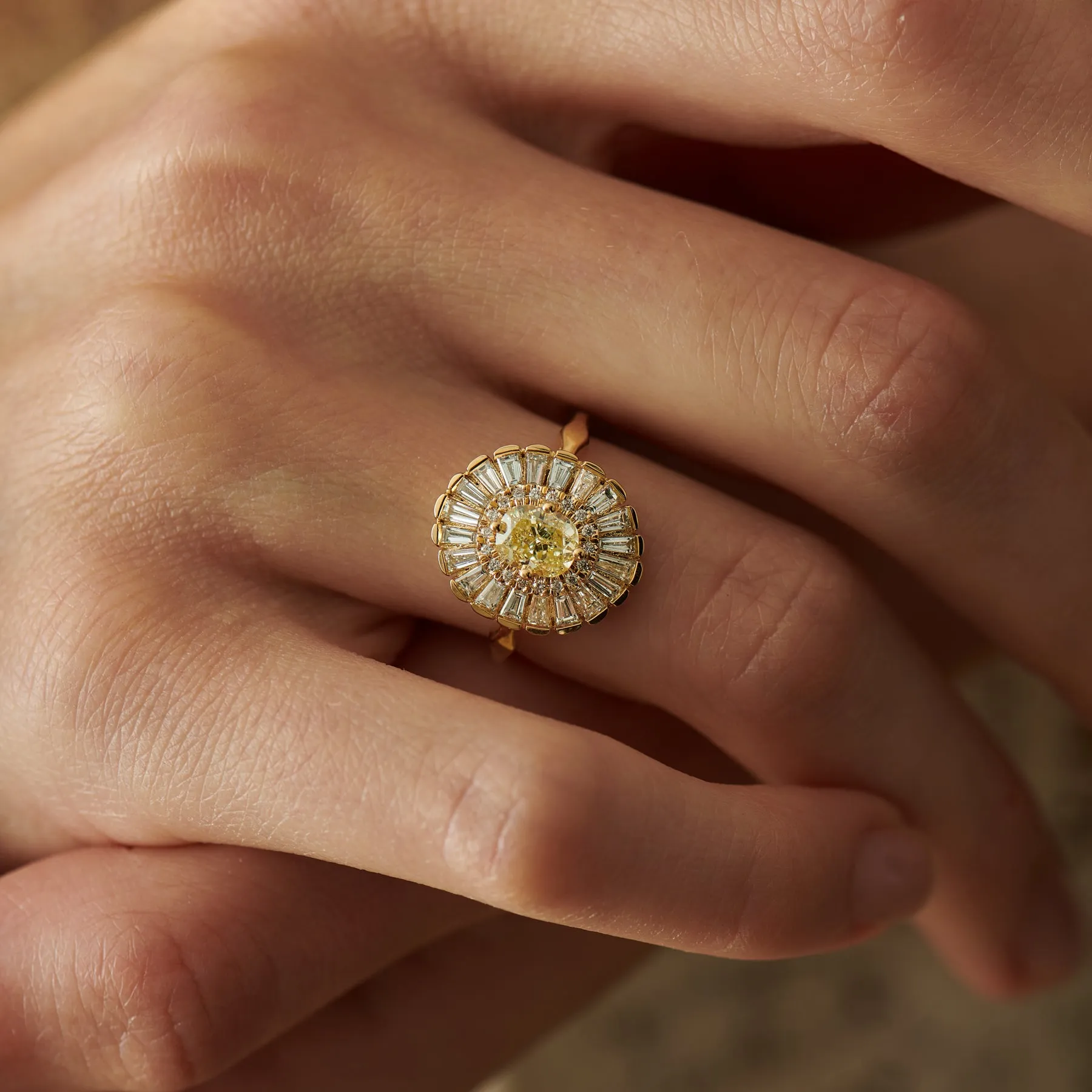 Daisy Engagement Ring - Fancy Yellow Diamond and Baguette Diamond Ring