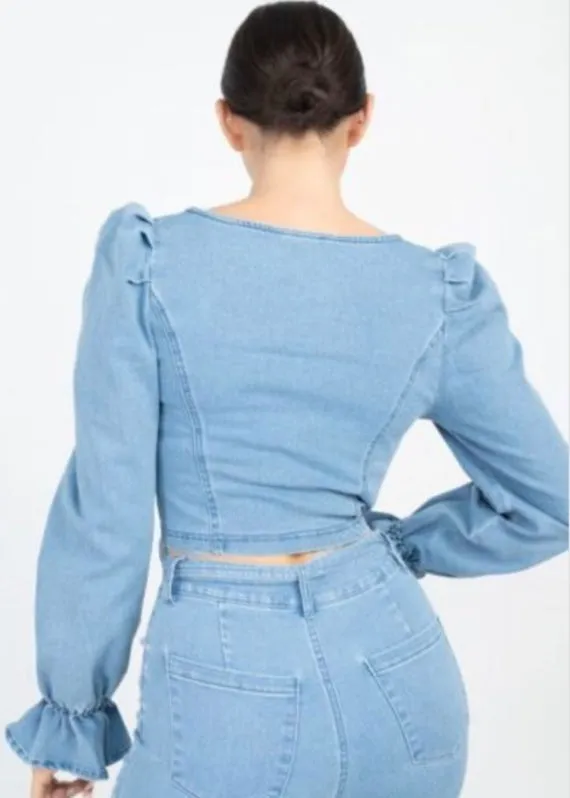 Denim Blvd Puff Sleeves Zip Up Denim Top (Medium Blue) DB3040TBD