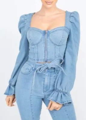 Denim Blvd Puff Sleeves Zip Up Denim Top (Medium Blue) DB3040TBD