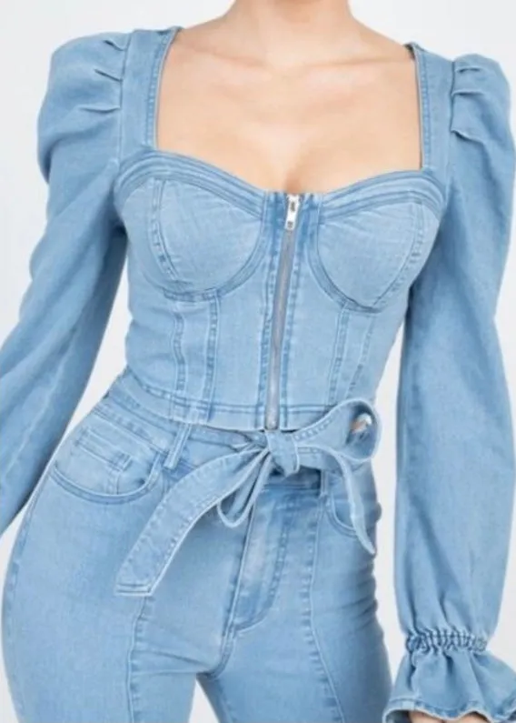 Denim Blvd Puff Sleeves Zip Up Denim Top (Medium Blue) DB3040TBD