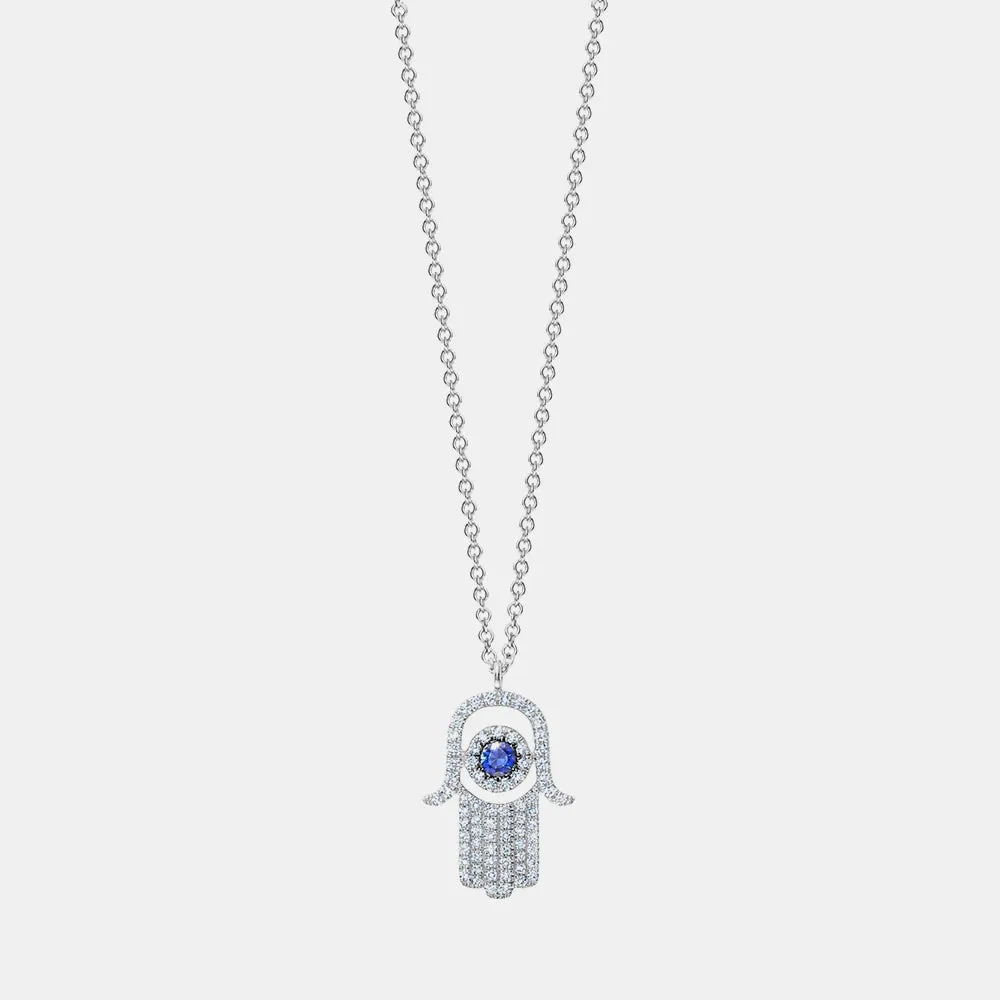 Diamond Blue Sapphire Hamsa Necklace