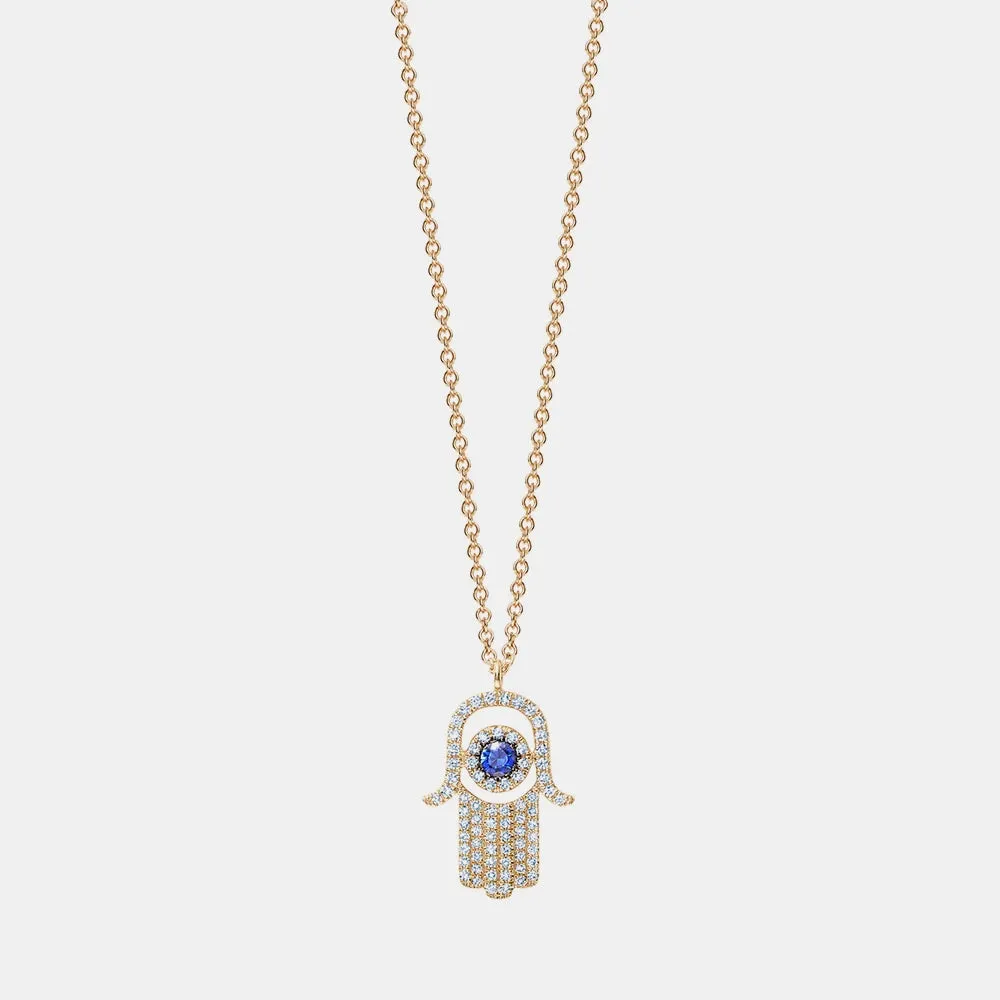 Diamond Blue Sapphire Hamsa Necklace