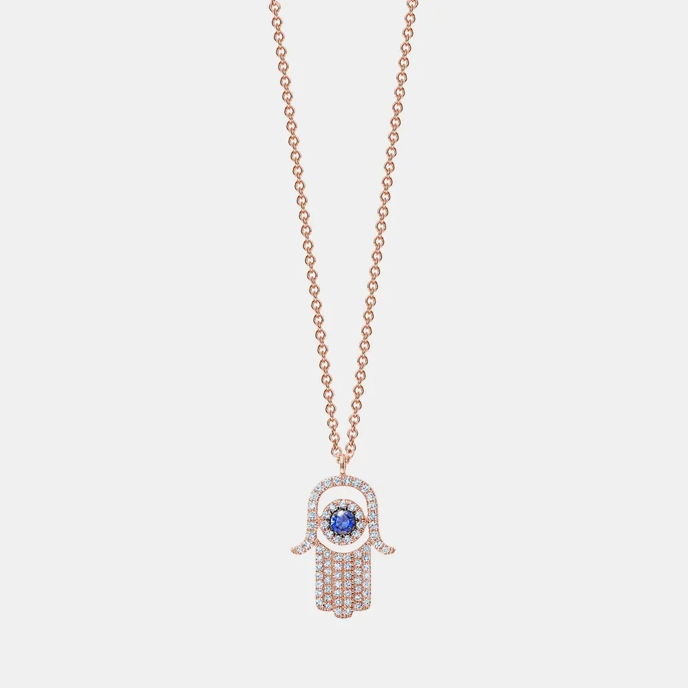 Diamond Blue Sapphire Hamsa Necklace