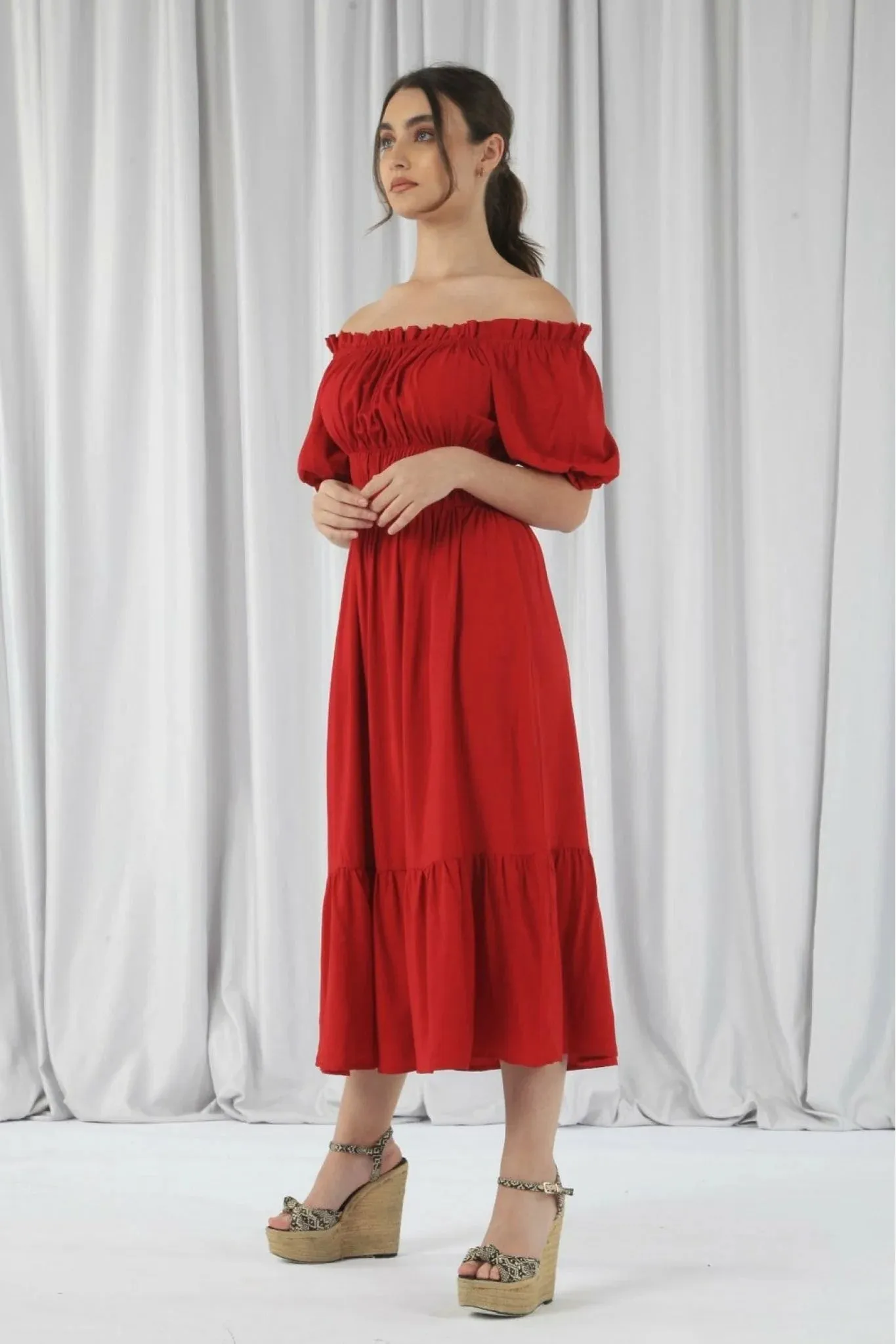 Double Second Red Bardot Midi Dress