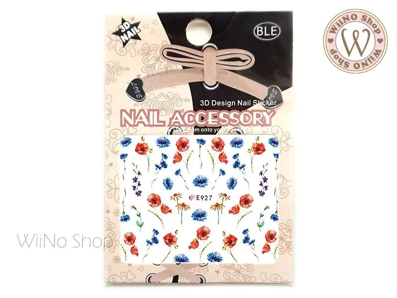 E927 Blue Red Watercolor Flower Adhesive Nail Art Sticker - 1 pc