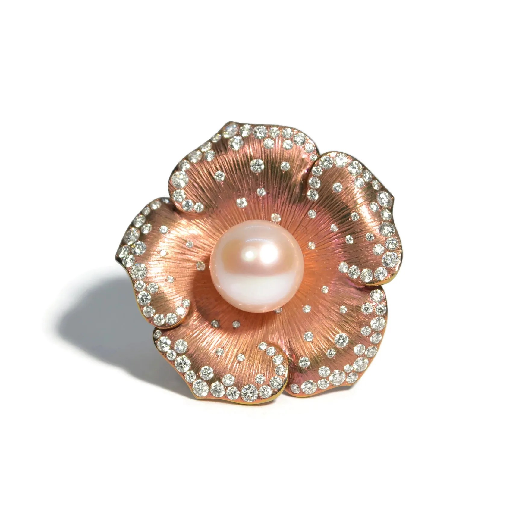 Eclat Jewels - One of a Kind Flower Ring with Freshwater Pearl and Diamonds, 18k Rose Gold and Titanium