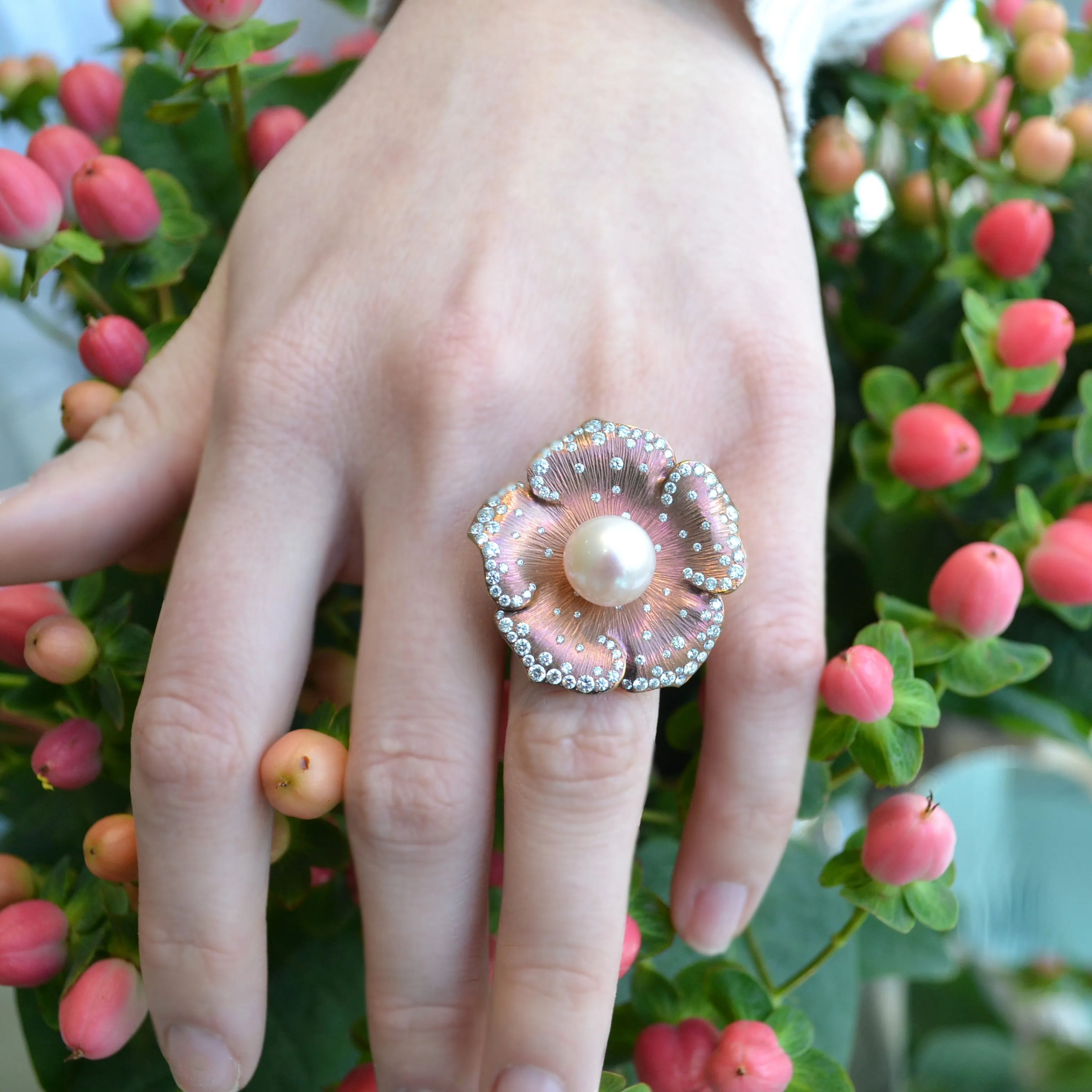 Eclat Jewels - One of a Kind Flower Ring with Freshwater Pearl and Diamonds, 18k Rose Gold and Titanium