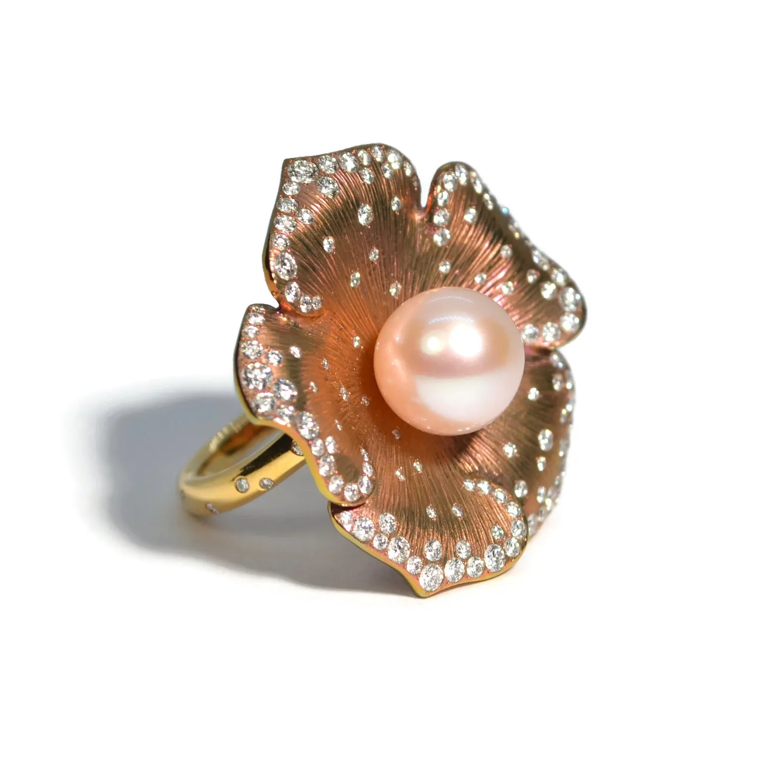 Eclat Jewels - One of a Kind Flower Ring with Freshwater Pearl and Diamonds, 18k Rose Gold and Titanium