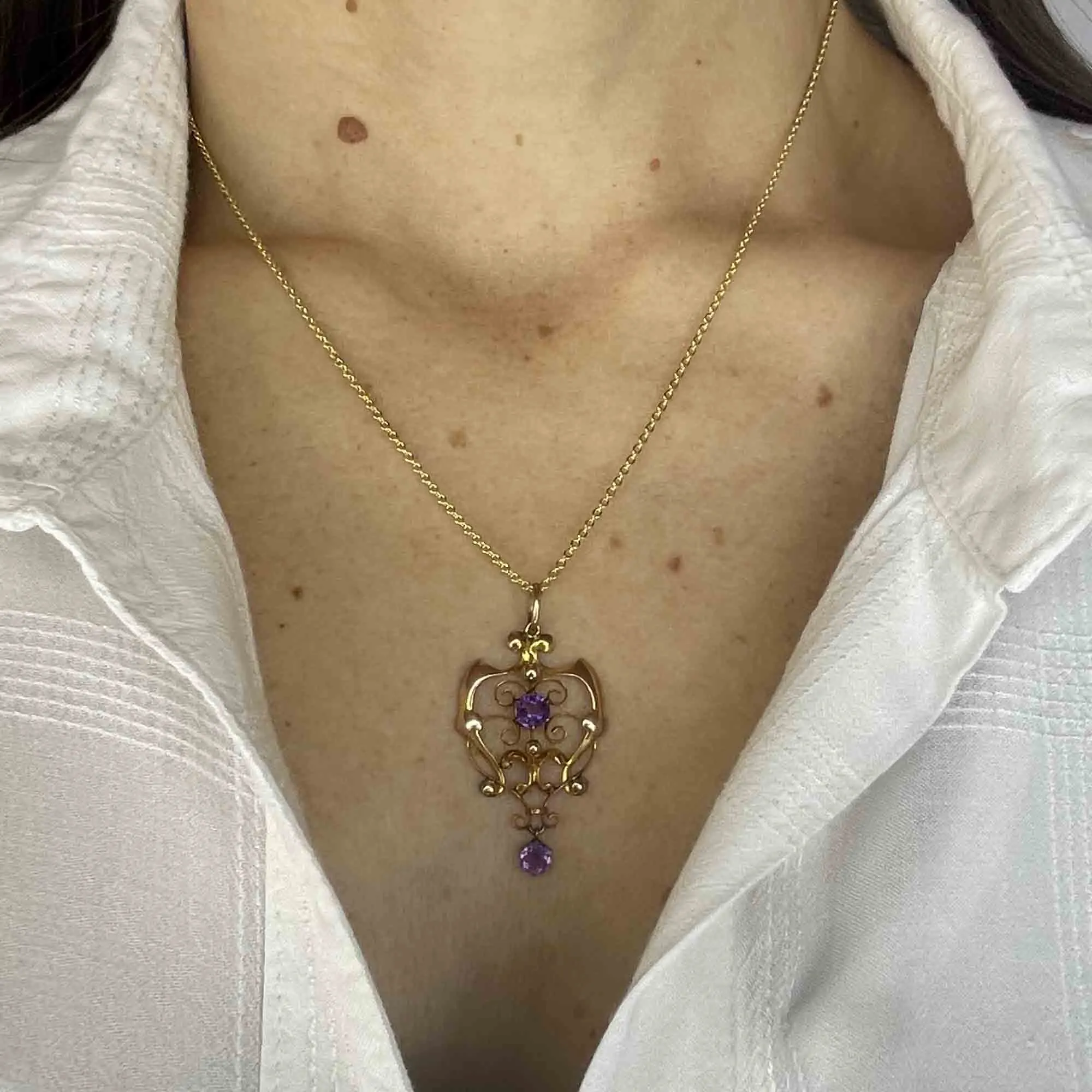 Edwardian Gold Amethyst Lavaliere Pendant Necklace