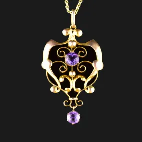 Edwardian Gold Amethyst Lavaliere Pendant Necklace