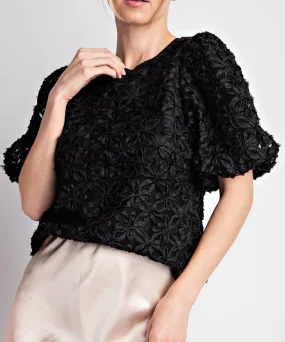 Floral Lace Puff Sleeve Top - Black