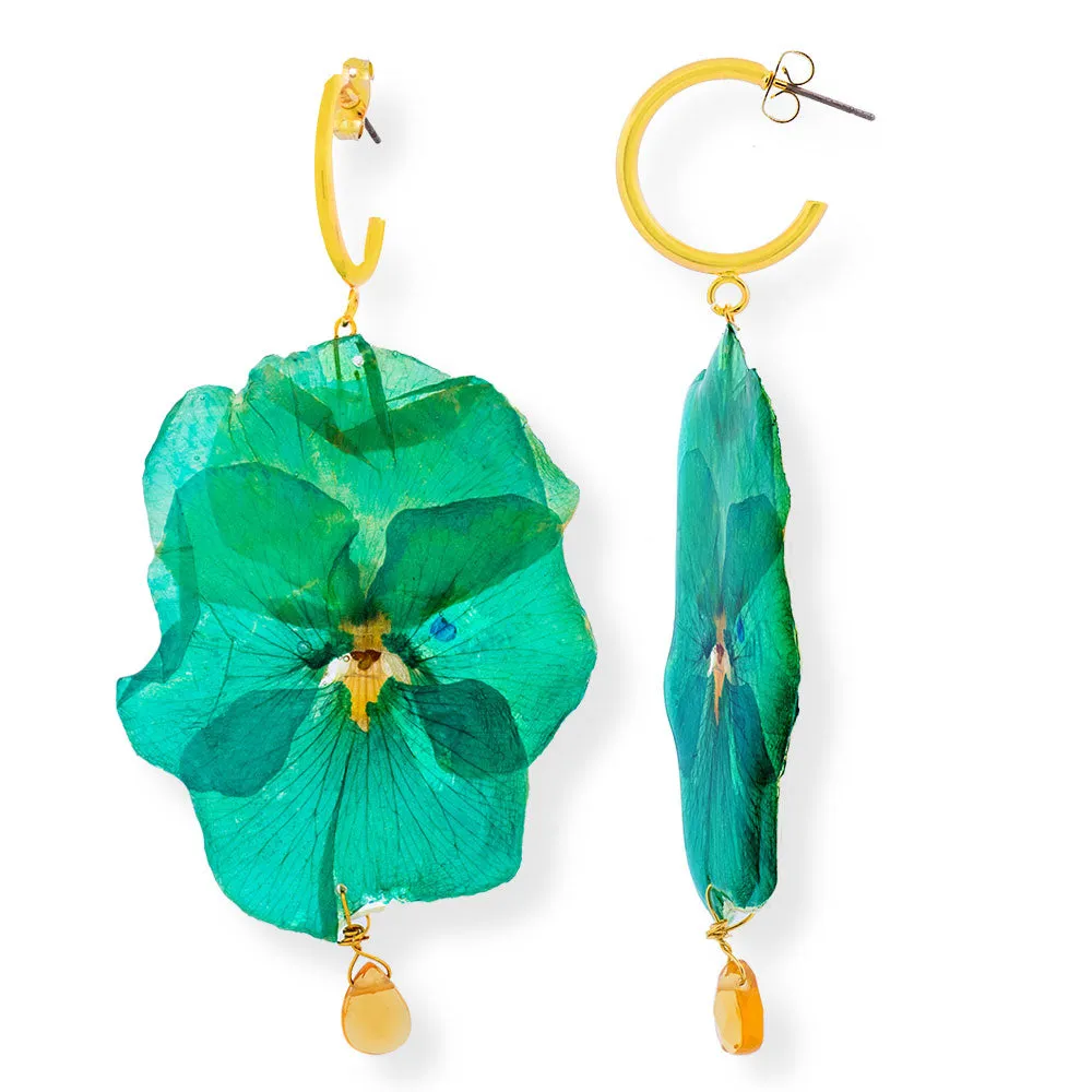 Flower Earrings Made From Green Pansies & Peridots