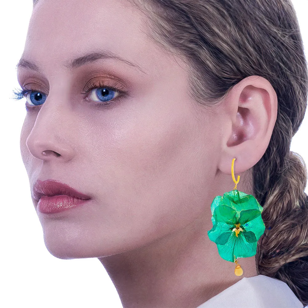 Flower Earrings Made From Green Pansies & Peridots