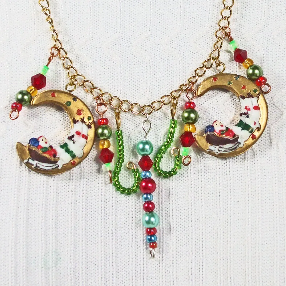 Gayna, Christmas, Gold Moon Charm, Beaded Dangle, Necklace