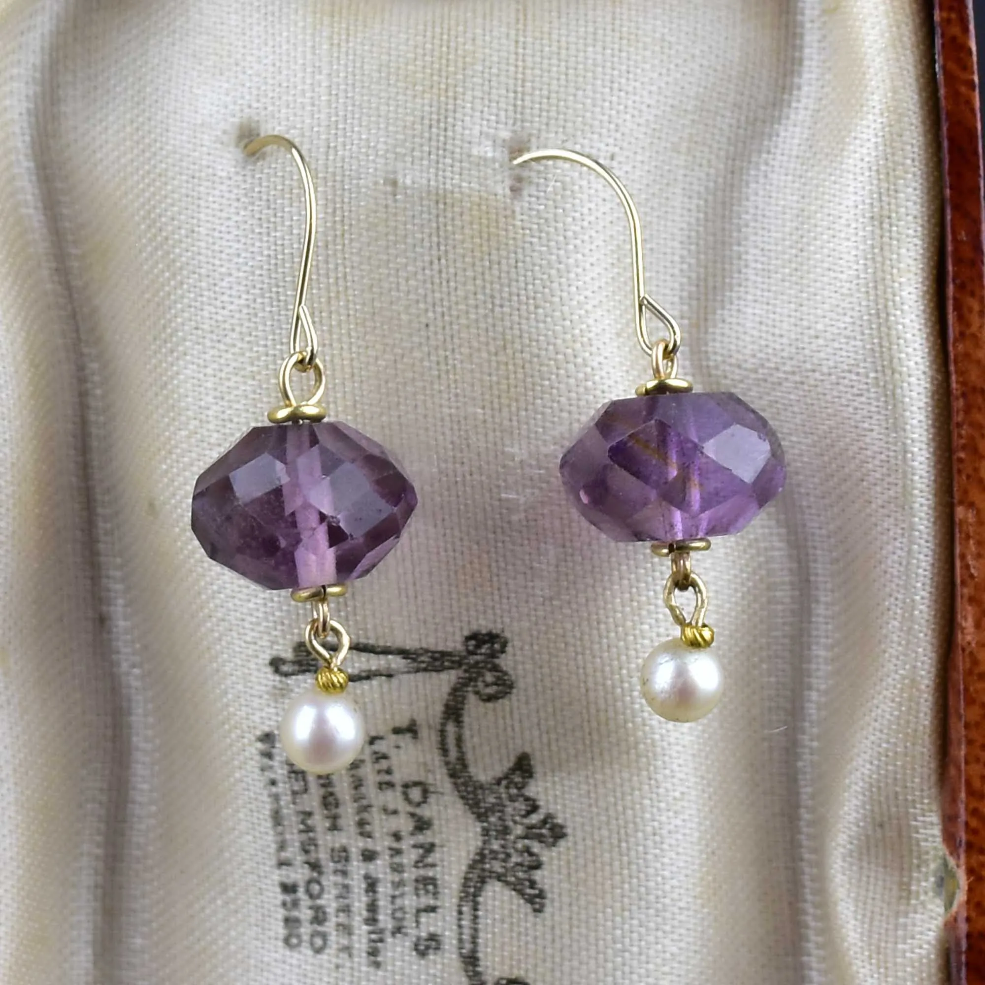 Gold Amethyst Pearl Dangle Earrings