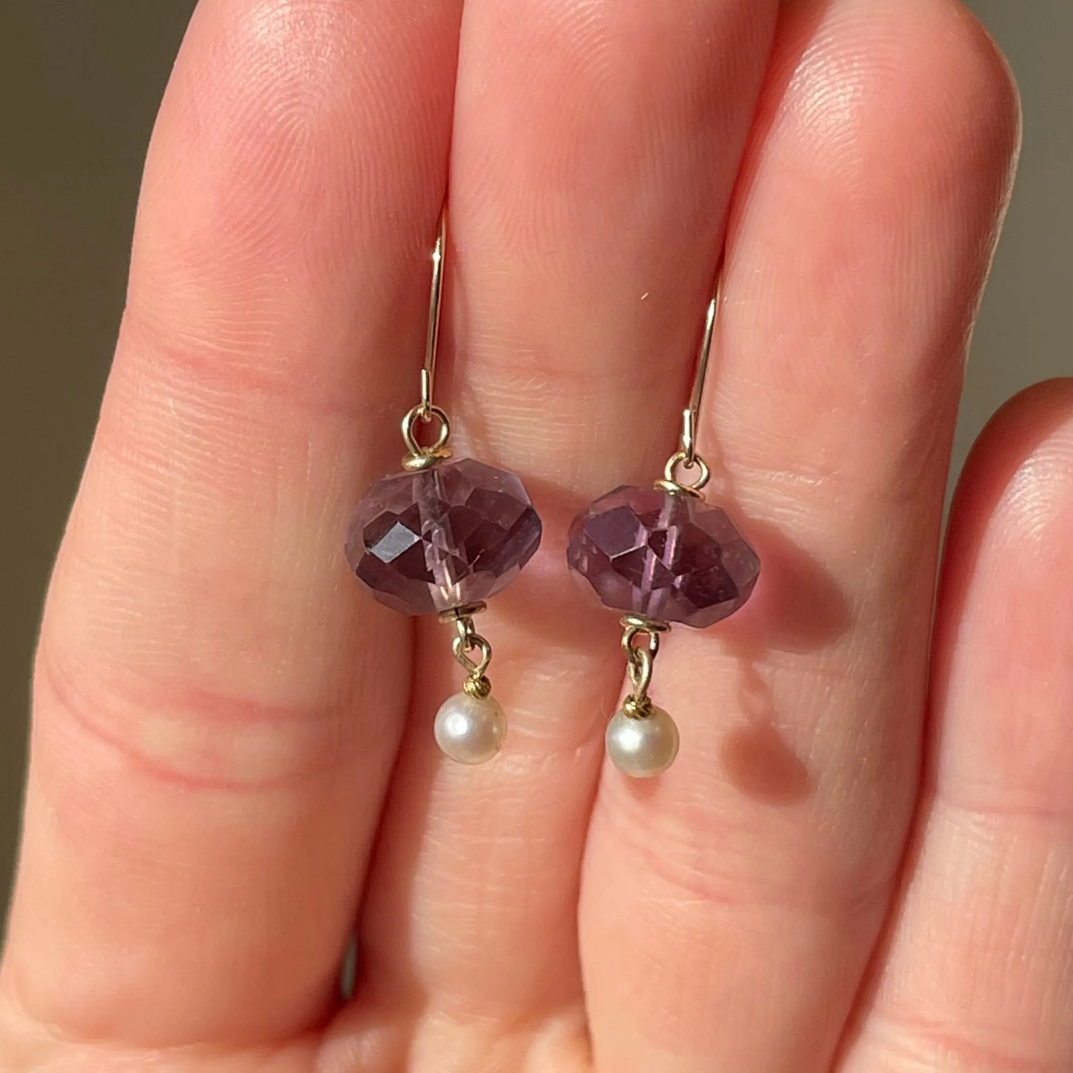 Gold Amethyst Pearl Dangle Earrings