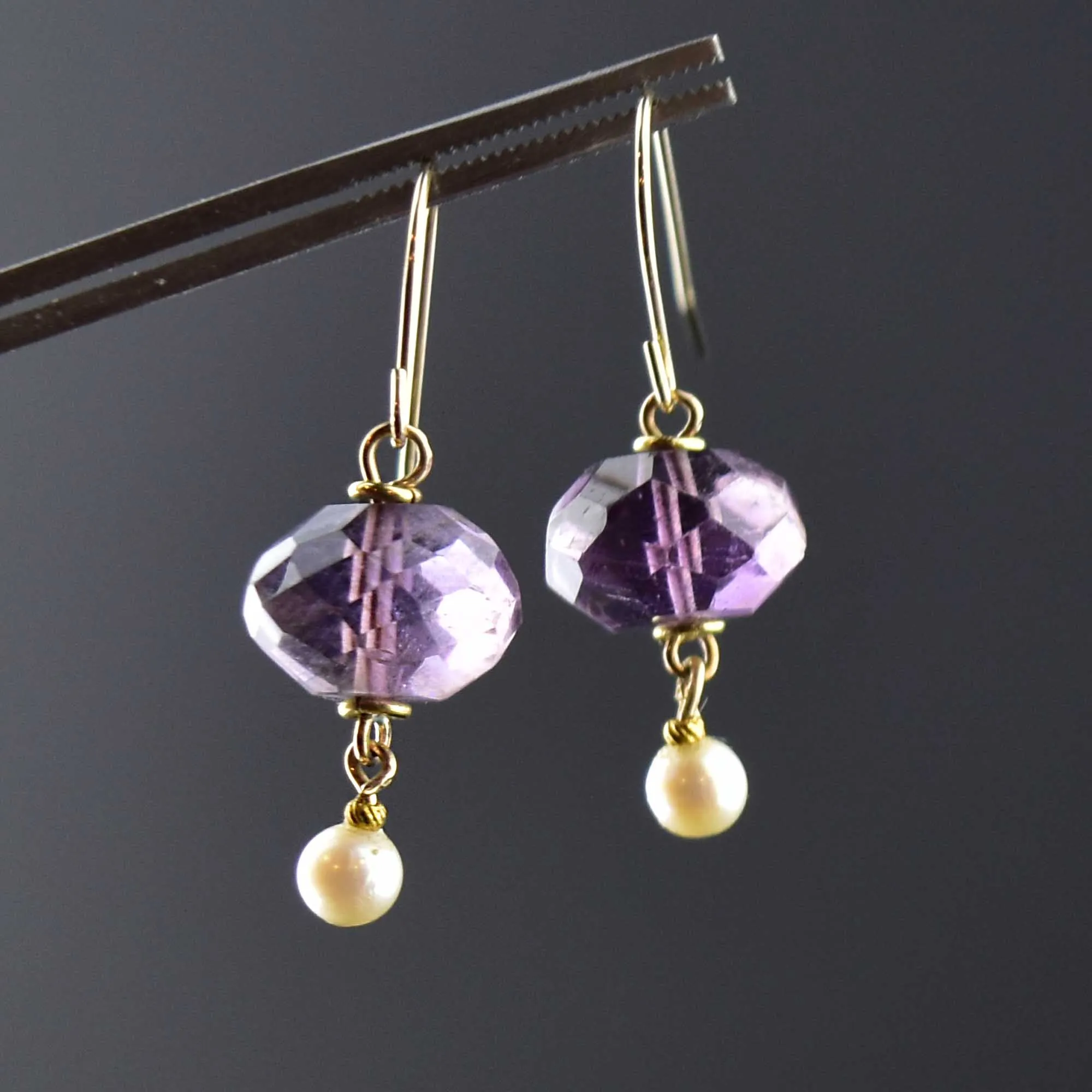 Gold Amethyst Pearl Dangle Earrings