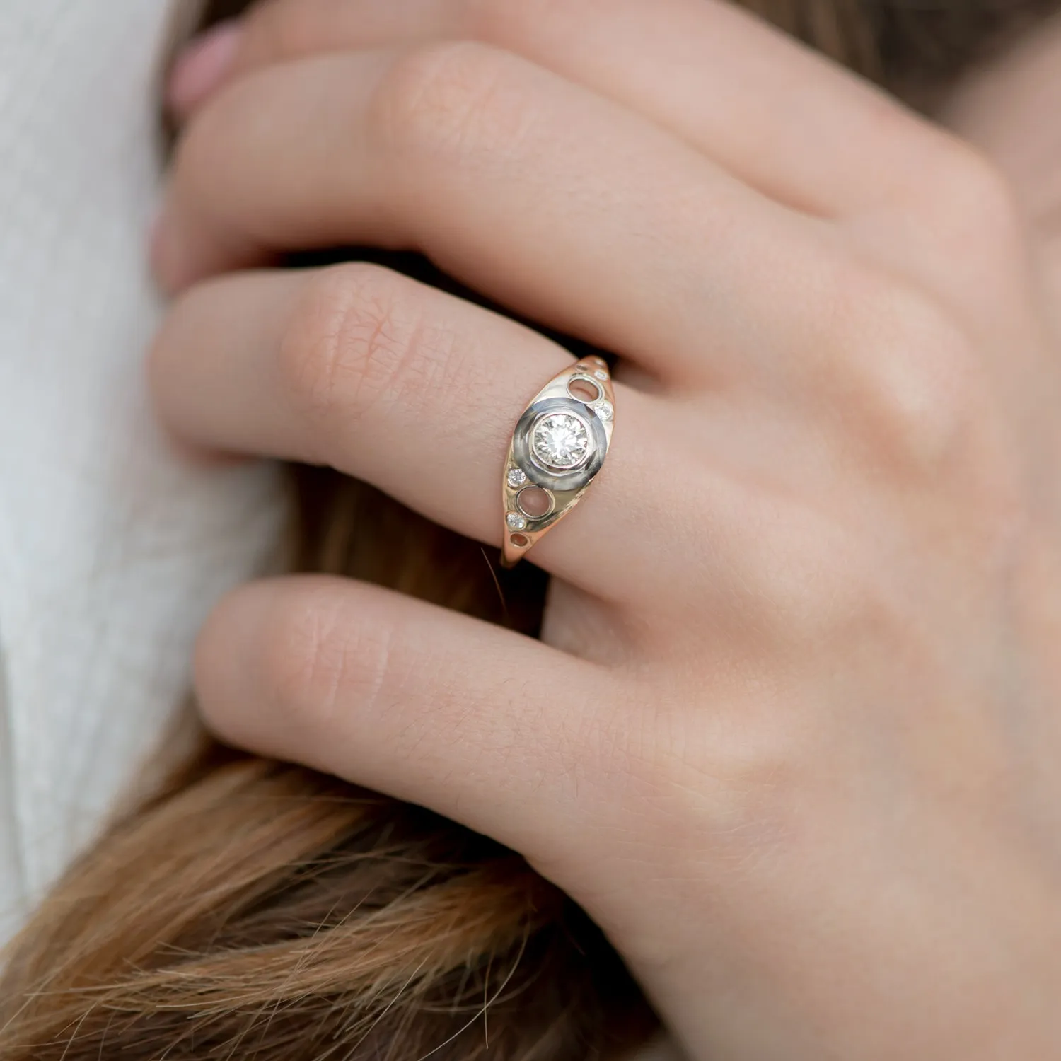 Golden Grommet Ring with a Fancy Green Diamond and Grey Diamond Sphere