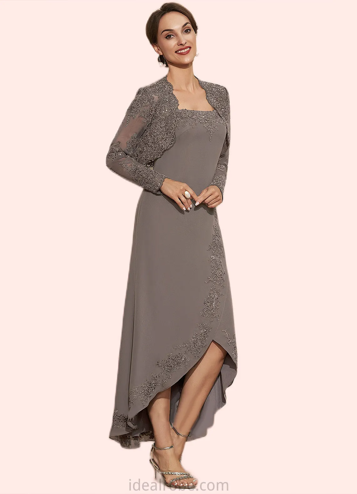 Grace A-Line Square Neckline Asymmetrical Chiffon Mother of the Bride Dress With Appliques Lace Sequins STK126P0014888