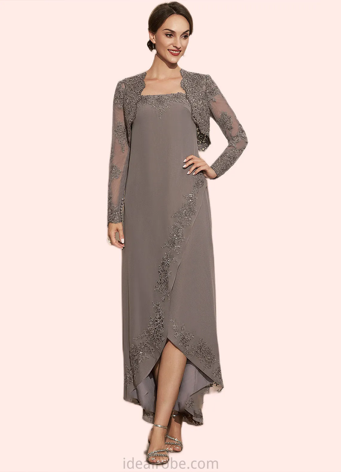 Grace A-Line Square Neckline Asymmetrical Chiffon Mother of the Bride Dress With Appliques Lace Sequins STK126P0014888