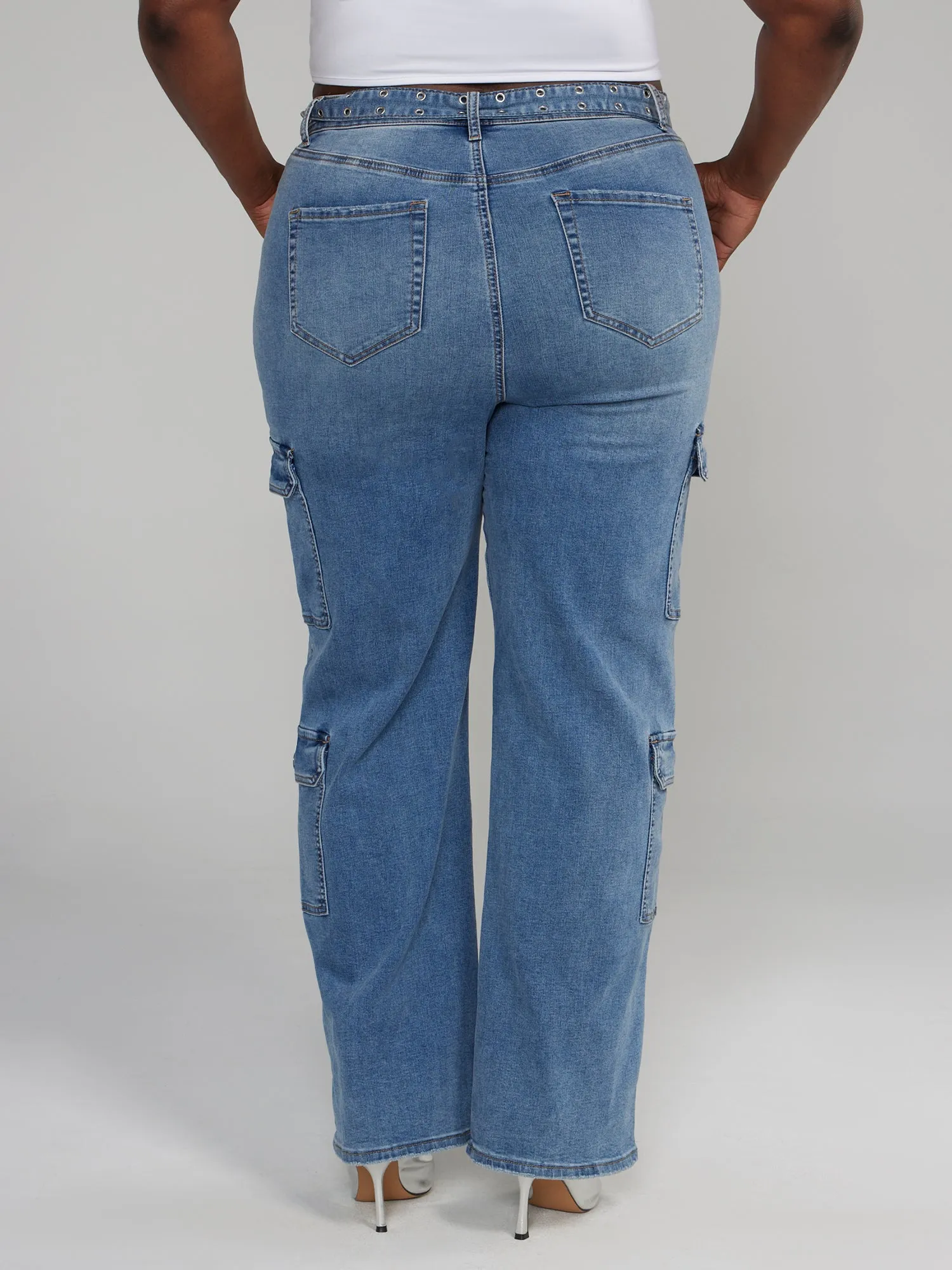 High Rise Belted Straight Leg Cargo Jeans