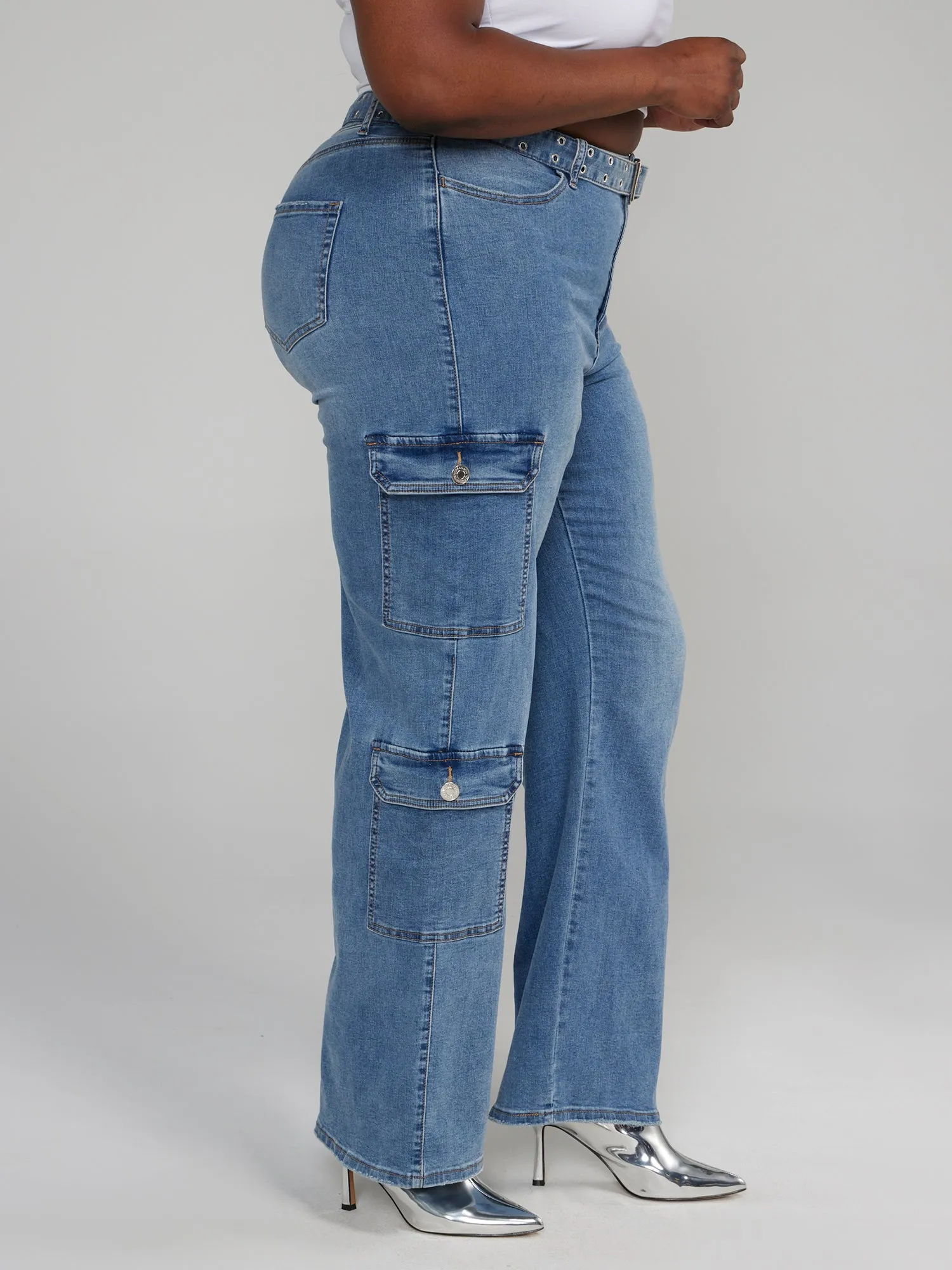 High Rise Belted Straight Leg Cargo Jeans