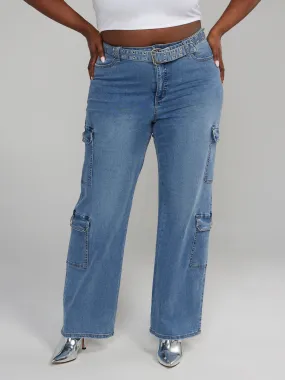 High Rise Belted Straight Leg Cargo Jeans