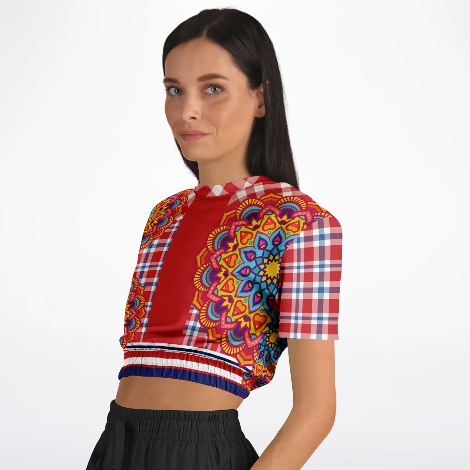 Hippy-Dippy Plaid Short Sleeve Cropped Eco-Poly Sweater