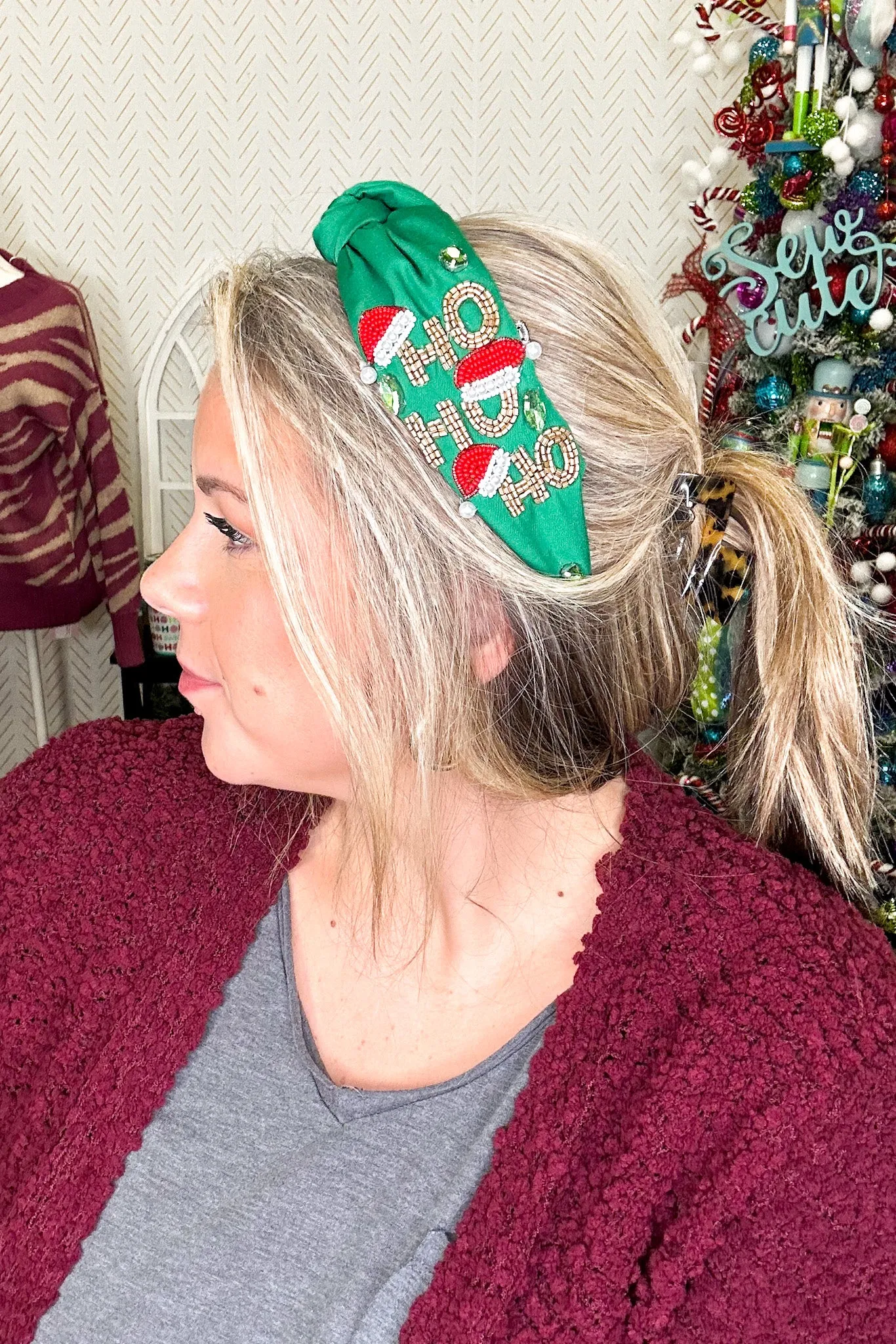 Ho Ho Ho Santa Hat Beaded Headband, Dark Green