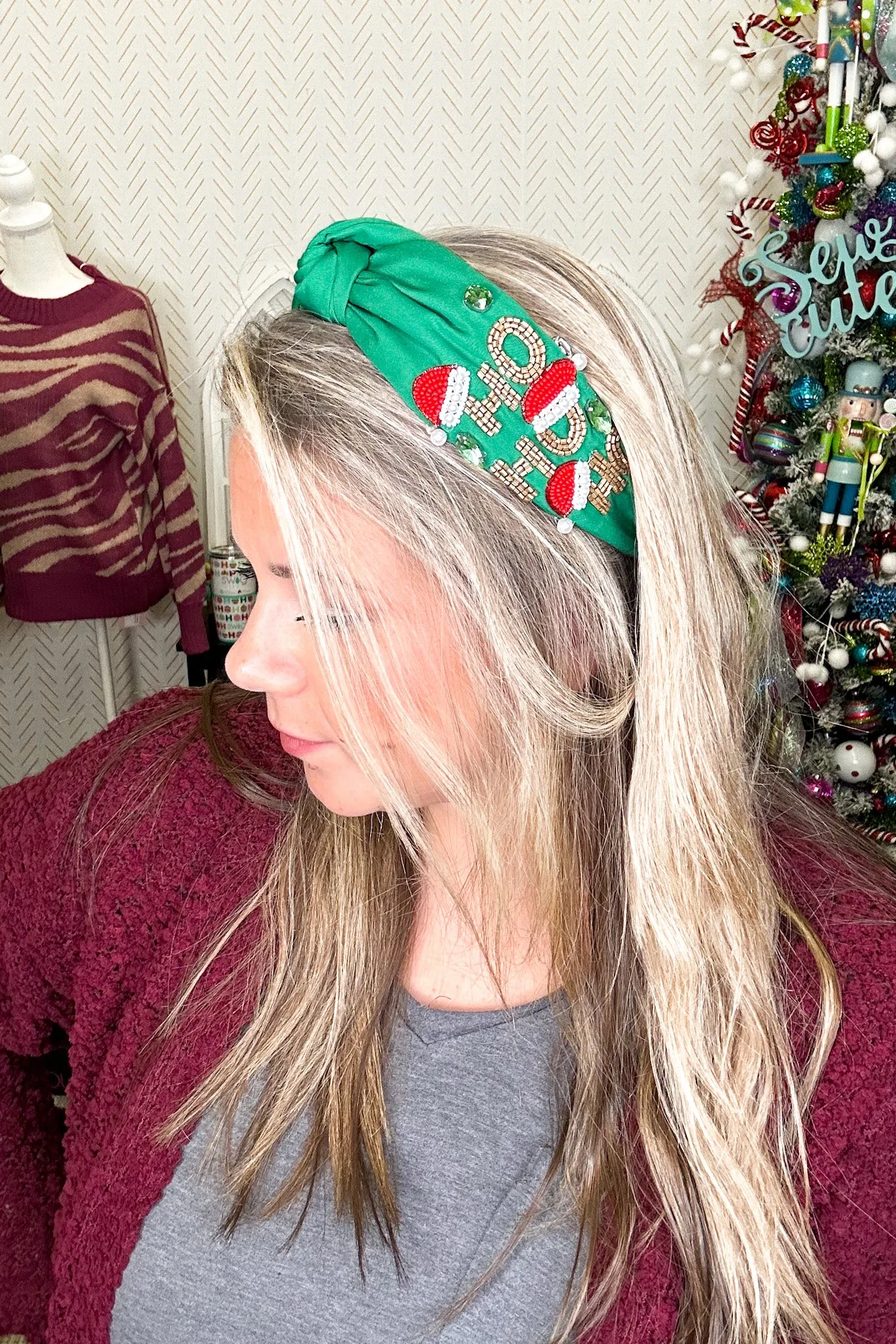 Ho Ho Ho Santa Hat Beaded Headband, Dark Green