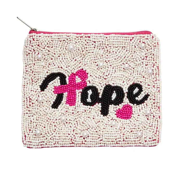 Hope Message Seed Beaded Heart Pink Ribbon Mini Pouch Bag