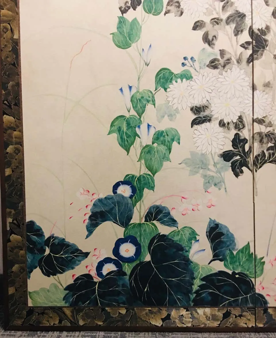 Japanese Two-Panel Folding Screen with Chrysanthemums and Morning Glories