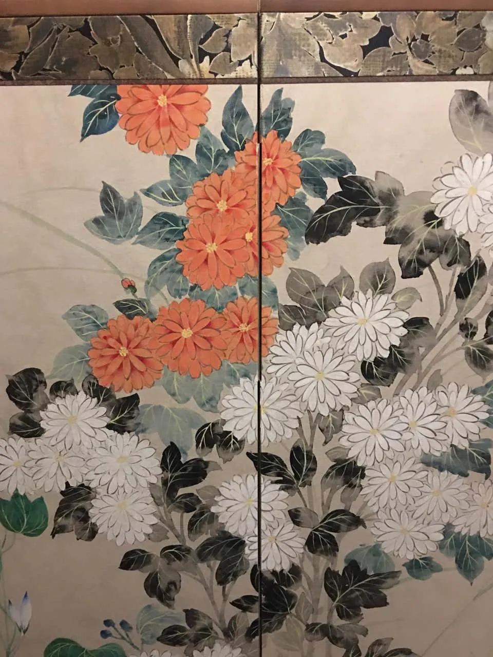 Japanese Two-Panel Folding Screen with Chrysanthemums and Morning Glories