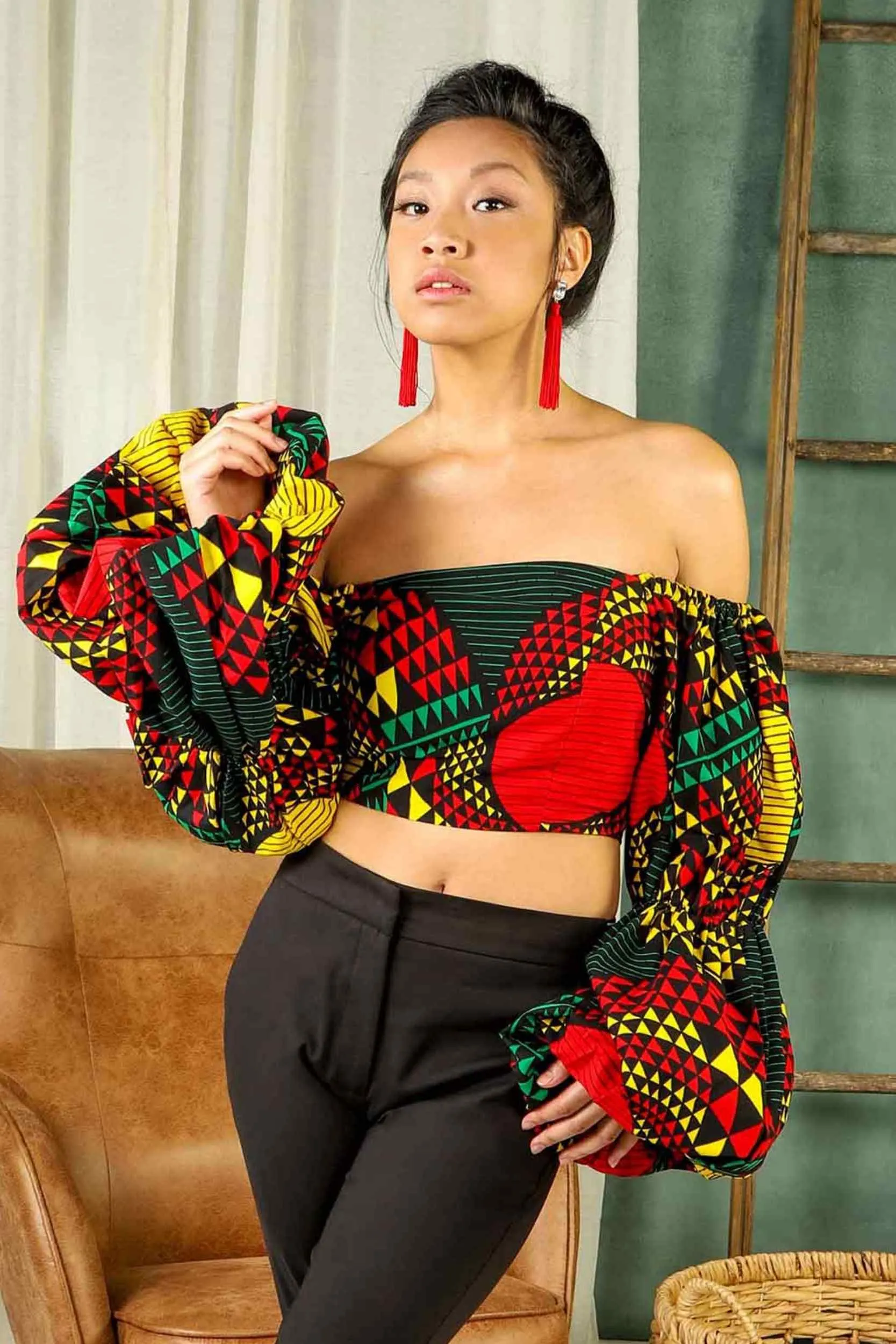 JEMILA African Print Women's Crop Top (Red/Yellow/Green Pattern)