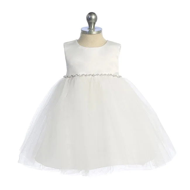 Kid's Dream Satin Top Baby Dress With Rhinestones & Pearls - White