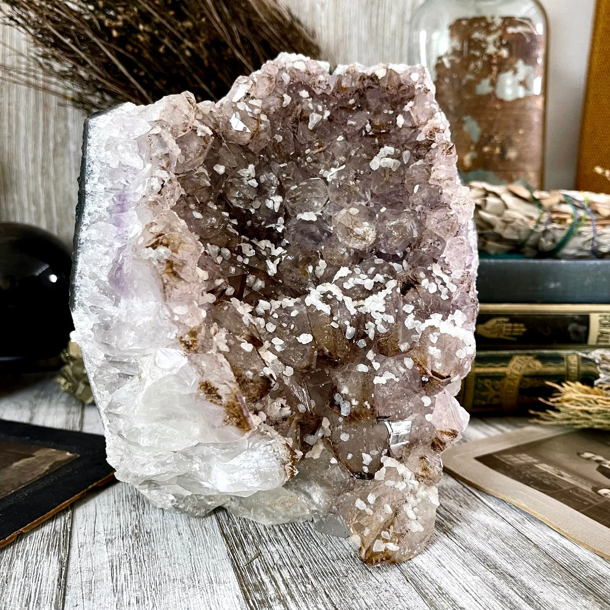 Large Self Standing Druzy Purple Amethyst Geode Crystal Cluster with Calcite / FoxlarkCrystals