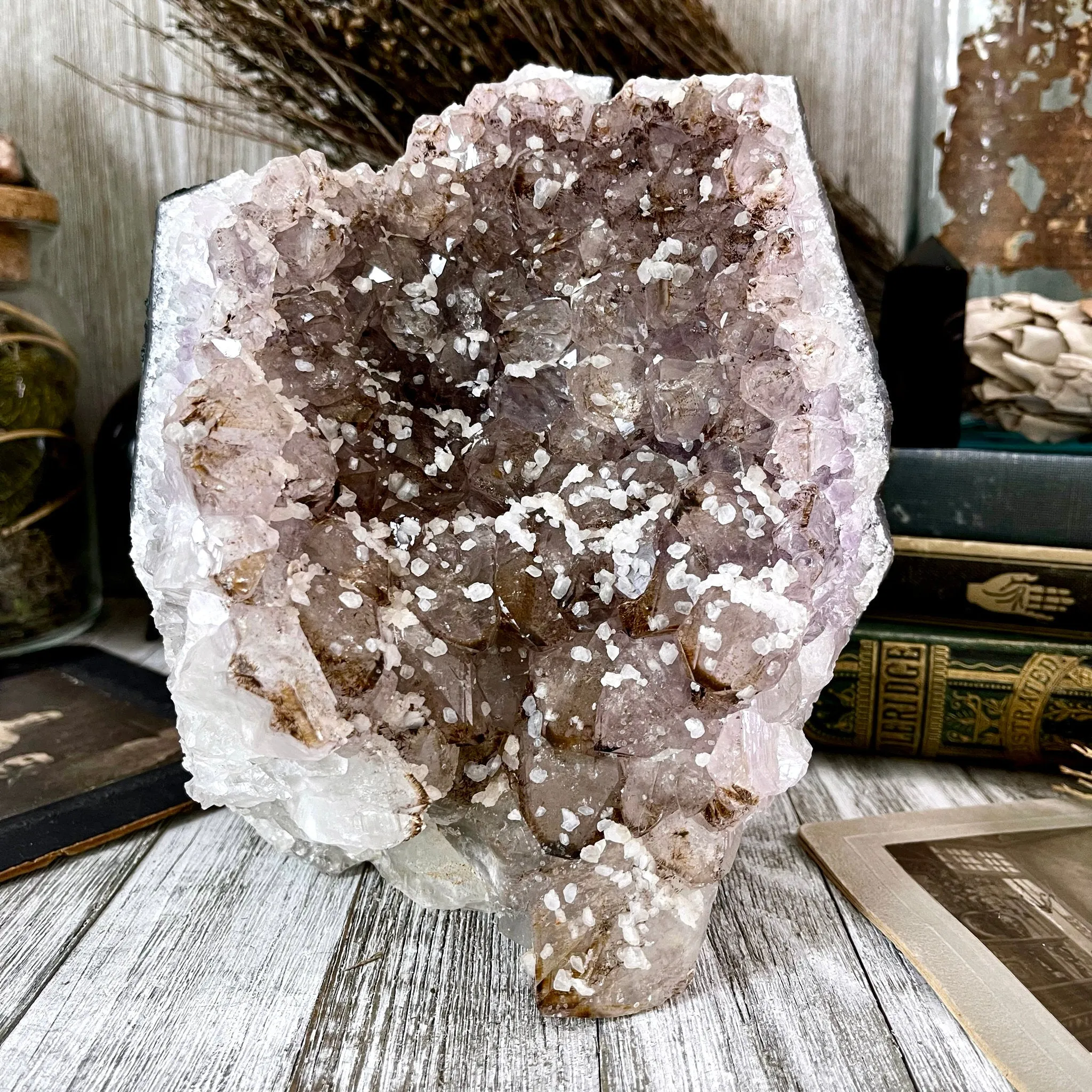 Large Self Standing Druzy Purple Amethyst Geode Crystal Cluster with Calcite / FoxlarkCrystals