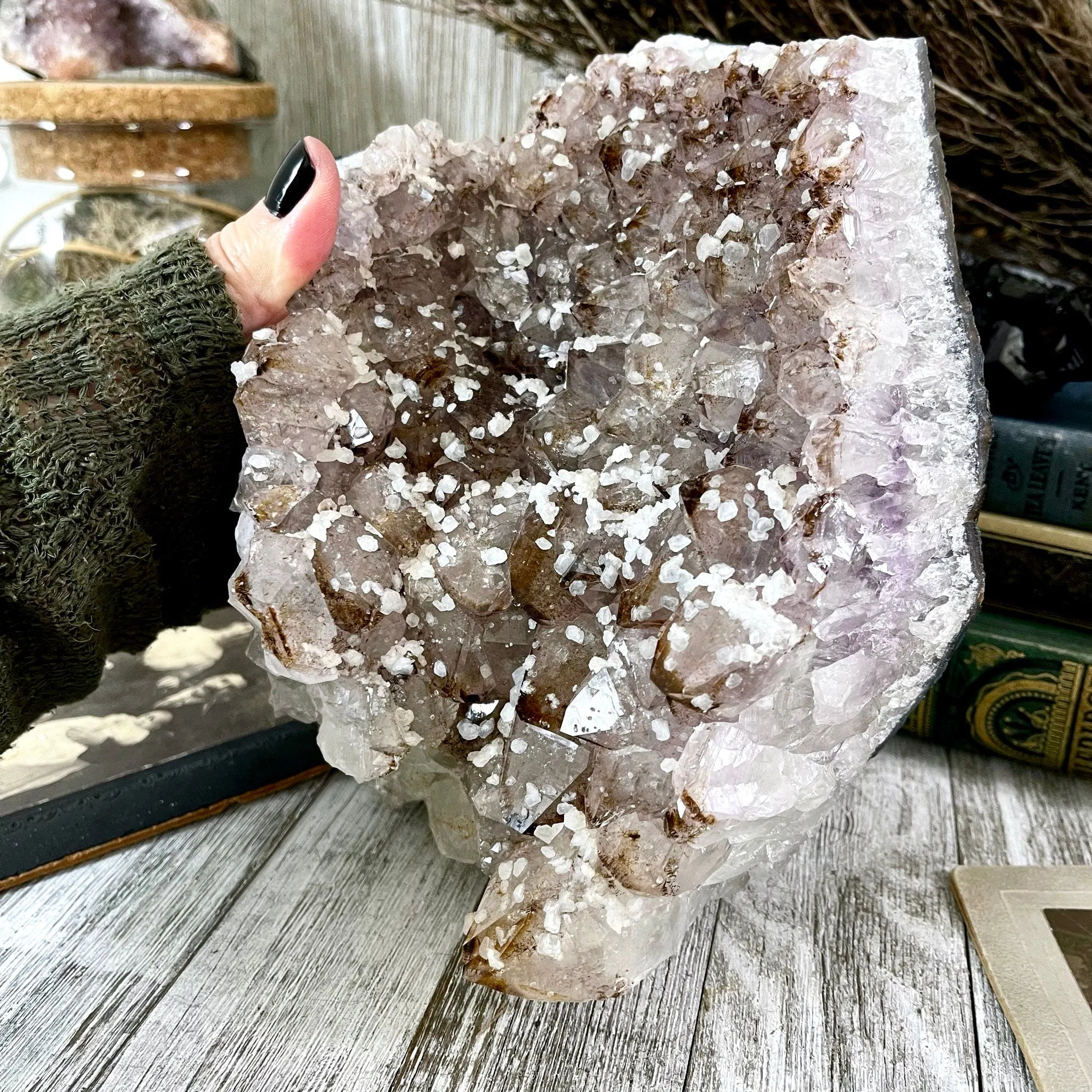 Large Self Standing Druzy Purple Amethyst Geode Crystal Cluster with Calcite / FoxlarkCrystals