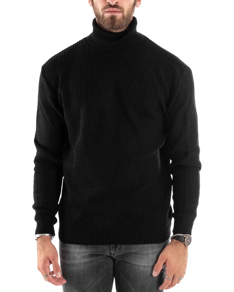 Maglioncino Uomo Collo Alto Tinta Unita Nero Maglia Inglese Dolcevita Basic GIOSAL-M2345A