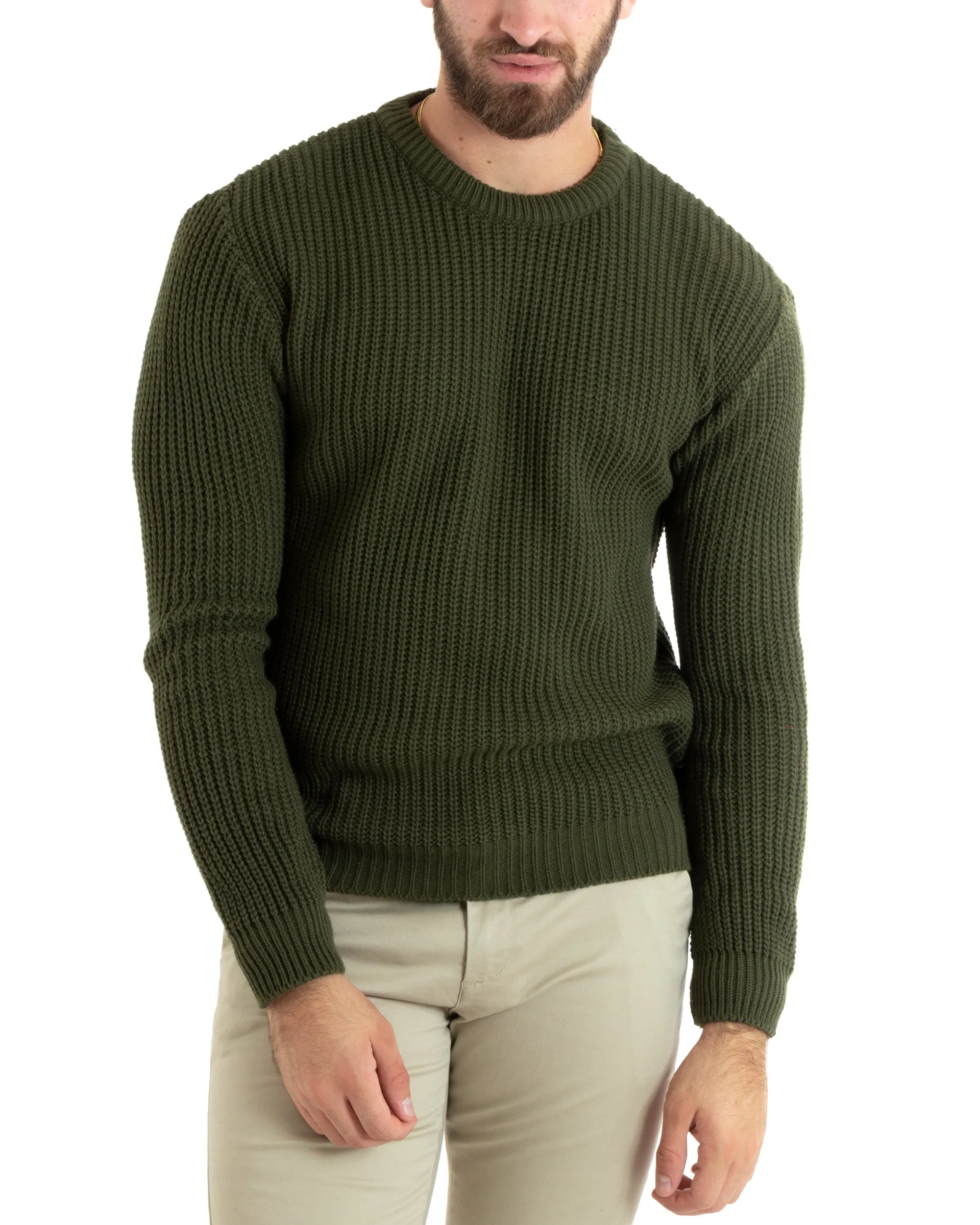 Maglioncino Uomo Girocollo Tinta Unita Verde Militare Maglia Inglese Basic GIOSAL-M2763A