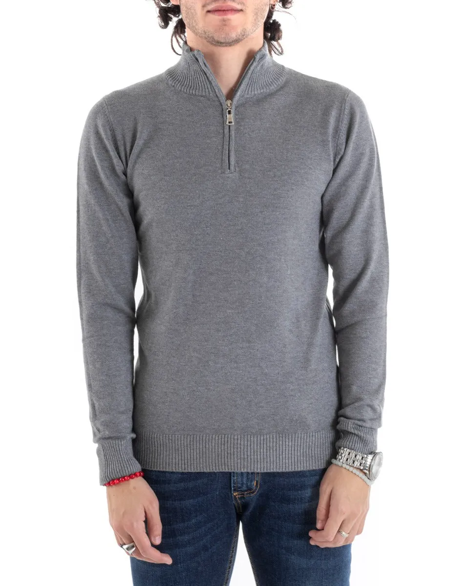 Maglioncino Uomo Maglia Basic Pullover Mezza Zip Tinta Unita Grigio GIOSAL-M2620A