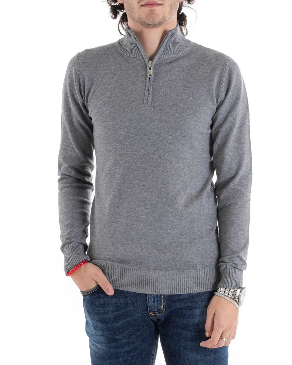 Maglioncino Uomo Maglia Basic Pullover Mezza Zip Tinta Unita Grigio GIOSAL-M2620A