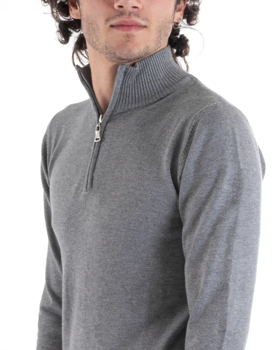 Maglioncino Uomo Maglia Basic Pullover Mezza Zip Tinta Unita Grigio GIOSAL-M2620A