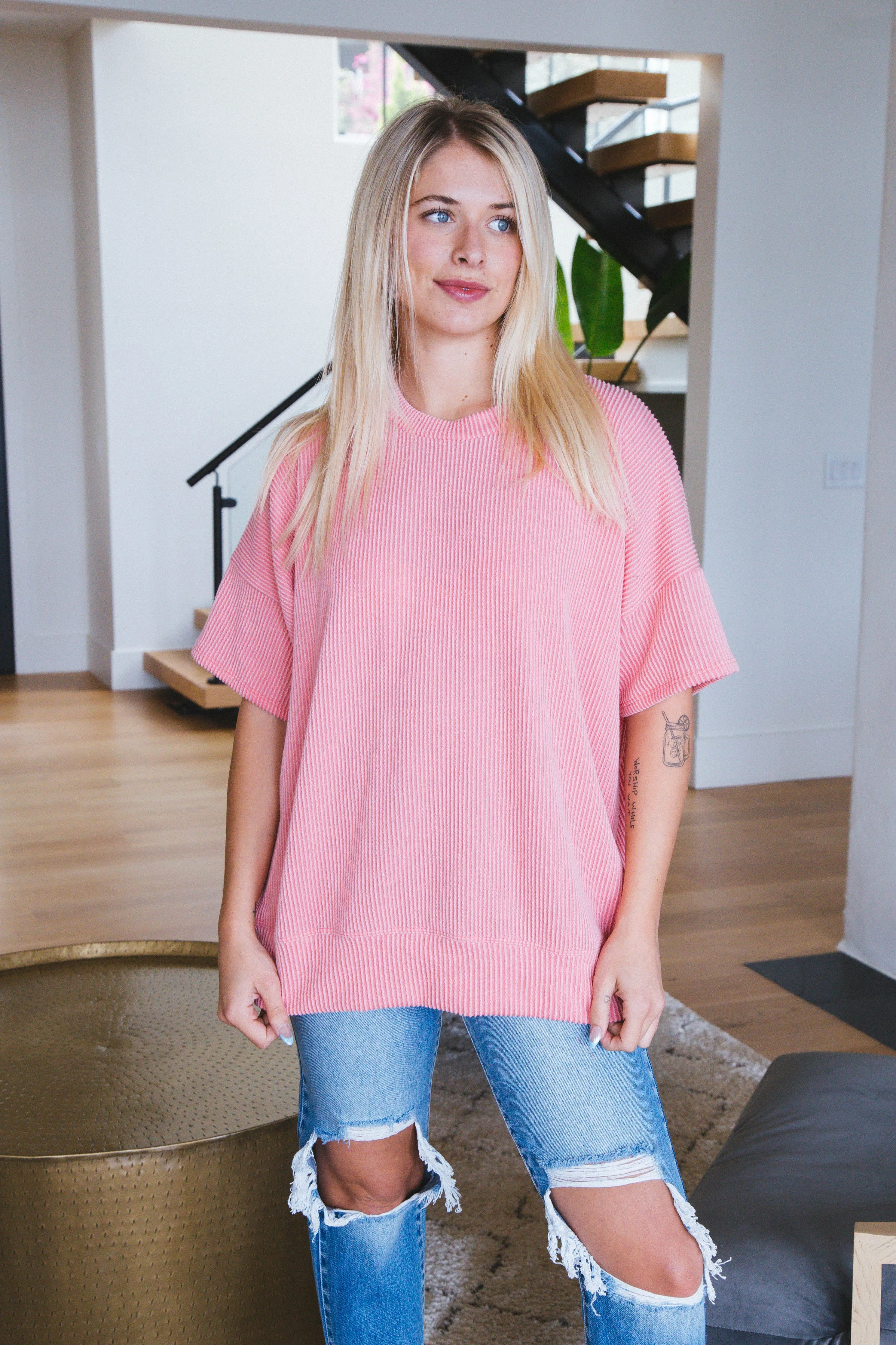 Maya Oversized Wave Rib Top, Salmon